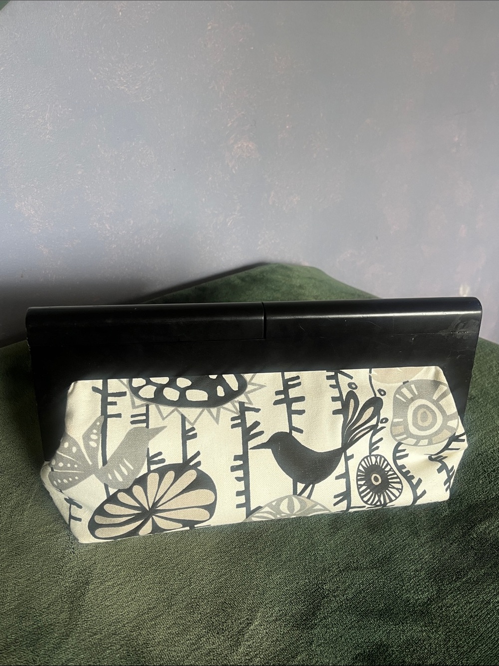 Custom Made Neutral Bird Print Clutch with Black Frame